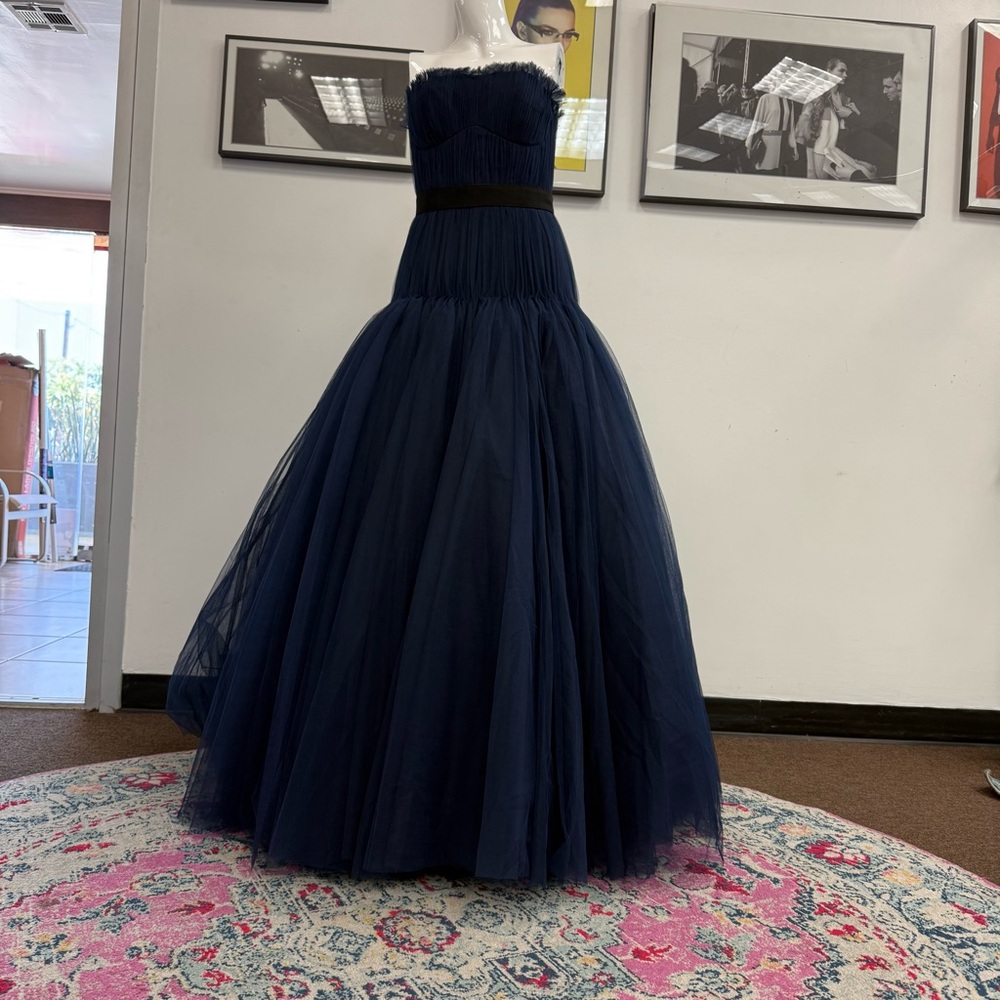 Zac Posen Navy Blue Strapless Tulle Maxi Gown - Picture 3 of 12